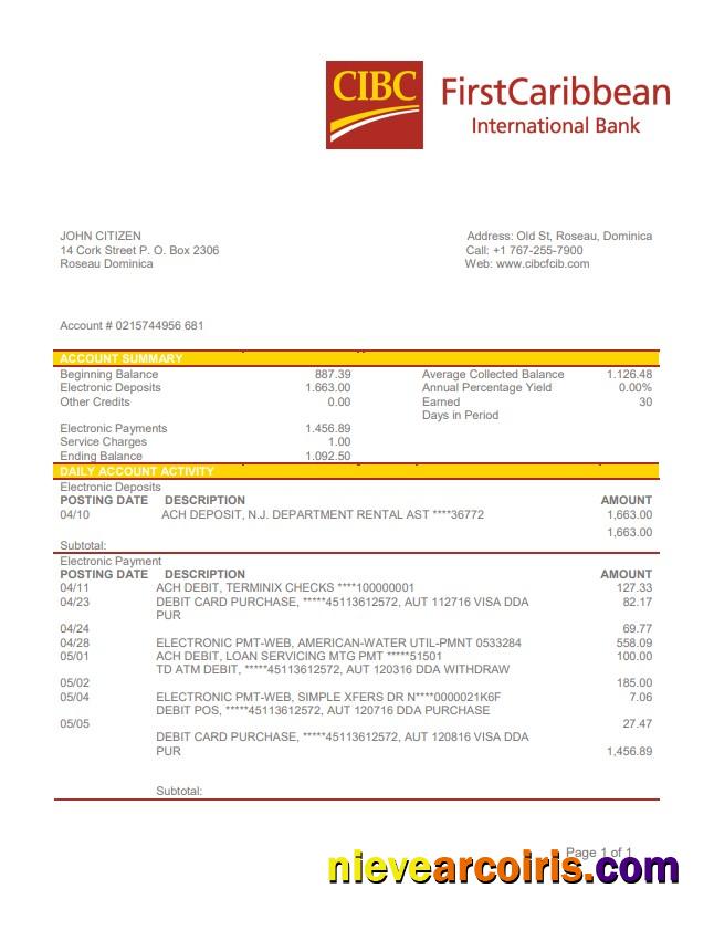 Dominica CIBC First Caribbean International Bank statement